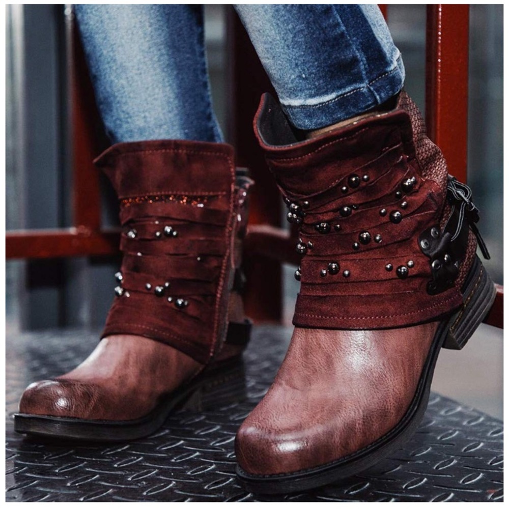 Red Wine Motorcycle Ankle Combat Boots-Studded
